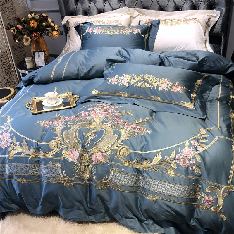 Cheap Champagne Blue White Luxury Royal Embroidery 100S Egyptian Cotton Palace Bedding Set Duvet Cover Bed sheet/Linen Pillowcases 46