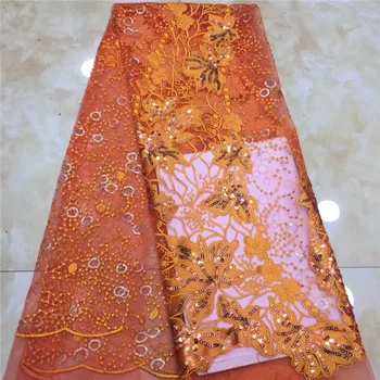 

Elegant orange embroidery mesh cloth French net lace fabric with sequins for wedding/party dress PDN490(5yards/lot)