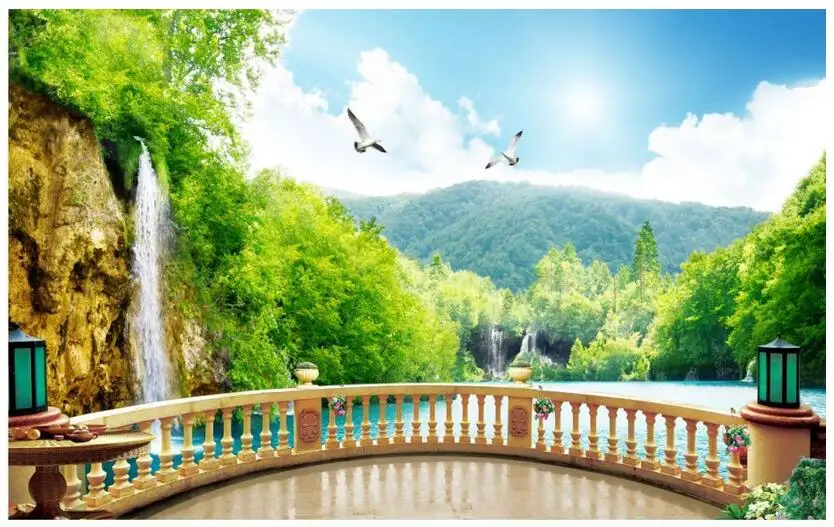 3d Wallpaper Kustom Foto Non Woven Mural Dinding Stiker 3 D Yang Balkon Landscape Gambar Lukisan
