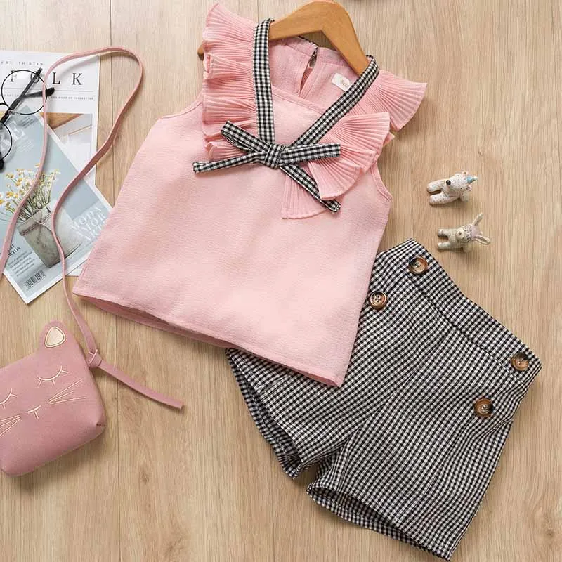 

Hot selling children clothes summer girls clothing sets fashion solid color cotton V-Neck vest+plaid shorts 2pcs for 2-7Y girls