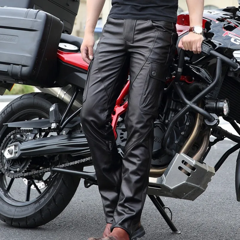 High Quality Men Pants Fashion Genuine Leather Mens Trousers Slim Fit Motorcycle Trousers Casual Pocket Men Pencil Pants