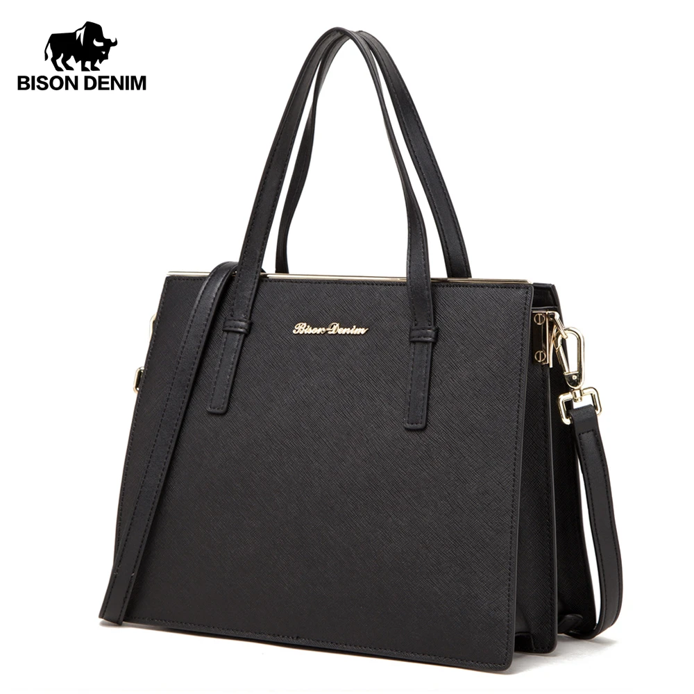 

BISON DENIM Genuine Leather Top-handle Bags Women Handbag Black Messenger Bag Luxury Tote Bags Large Capacity Ladies Bag N1360