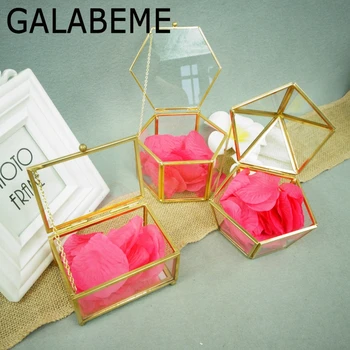 

Geometrical Clear Glass Engagement Ring Box with Petals Jewelry Gift Wedding Ring Holder Ring Bearer Box wedding decoration
