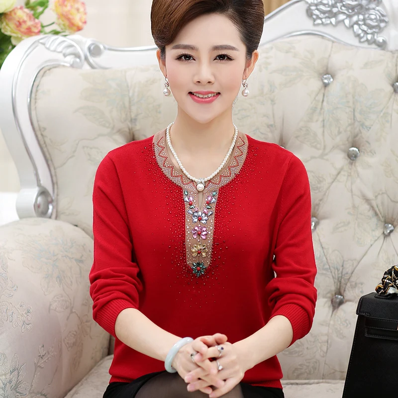 

Hot Sale Middle Aged Women Sweater New O-neck Pullover Spring Tops Solid Cashmere Sweater Autumn Female Sweater Plus Size
