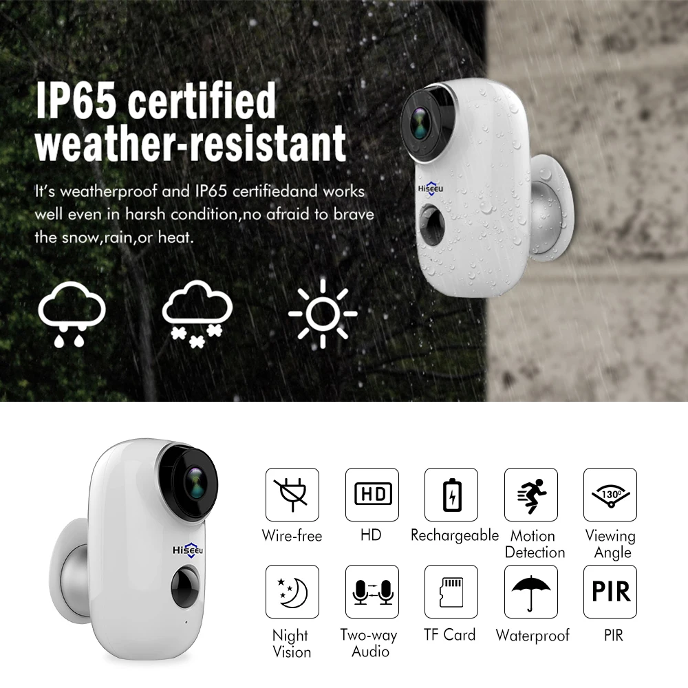 Hiseeu C10 Беспроводная ip-камера, перезаряжаемая батарея, CCTV камера безопасности, PIR водонепроницаемый датчик движения, приложение для просмотра безопасности