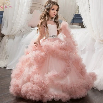 2019 New Ruffles Ball Gown Flower Girls Dresses Pink Girls Wedding Birthday Party Communion Gowns With Beauty Bow Pageant Dress lovely princess flower girls dresses with bow long pageant dress kids party dress ball gowns pink custom made