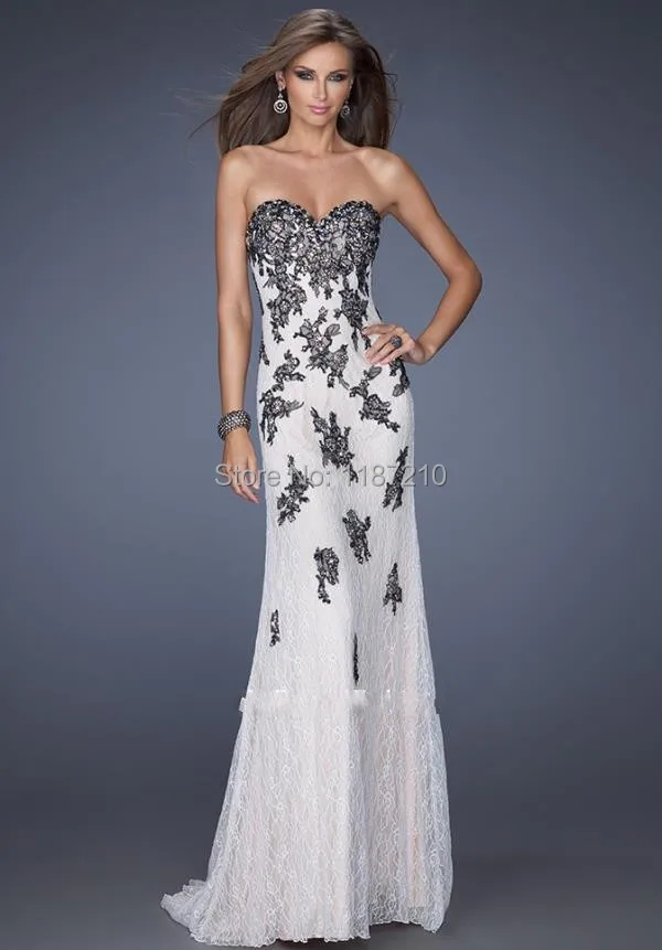 Black Lace Applique Beaded on White Long Evening Dresses Sweetheart