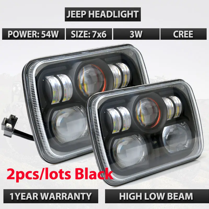 Pair of Universal Fit 7" x 6" 54W Square High Low Beam LED Projector Headlight 7X6 led sealed