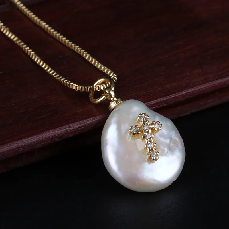 

paved cz tiny cross charm natural coin freshwater pearl bead chic gold link chain pendant choker necklace for women religious