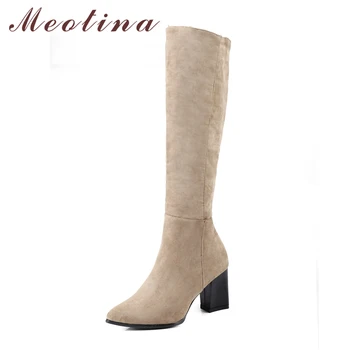 

Meotina Knee High Boots Women High Heels Ladies Boots 2018 Winter Long Boots Thick Heels Zip Shoes Beige Black Big Size 33-42