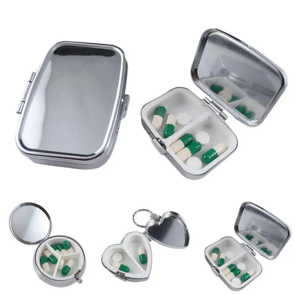 

Three styles Durable Metal Heart Round Medicine Organizer Holder Container Pill Box Case