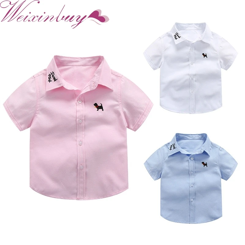 

Summer Baby Boys Shirt Cute Puppy Embroidery Casual Short Sleeve Cotton Clothes Blue Pink White