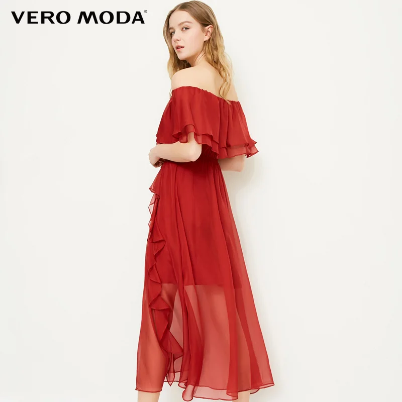 Vero Moda 2019 летнее платье пляжное шифоновое с вырезом лодочкой и оборками |