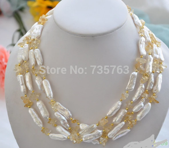 

HOT 0014704 4row 19" 28mm white biwa freshwater pearl yellow citrine necklace