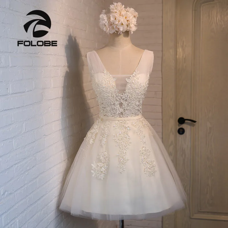 

FOLOBE Vintage New Light Champagne Lace Dreses Girls Pearls Tulle Short Women Dress Formal Dresses Party Dress