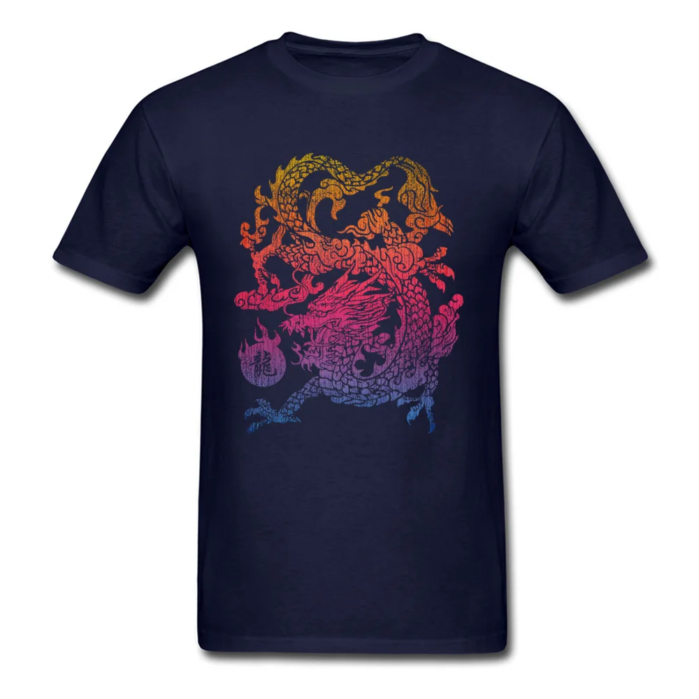 High Quality Printed Custom T-Shirt O Neck Pure Cotton Young Tees Short Sleeve Thanksgiving Day Custom Tops Shirts Chinese Dragon Eat The Sunset Colourful navy