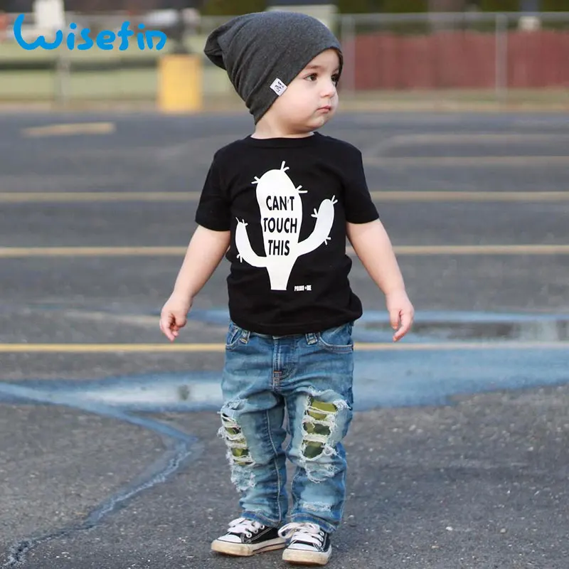 Wisefin/комплект летней одежды для малышей, Рубашка С КАКТУСОМ, одежда для малышей, джинсовые штаны, детская одежда, Детская футболка + рваные