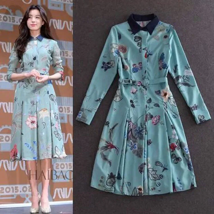 

Fashion Women's 2018 Elegant Chiffon Dress Turn-down Collar Long-sleeve Printed Comfortable Fabric Slim Vestido