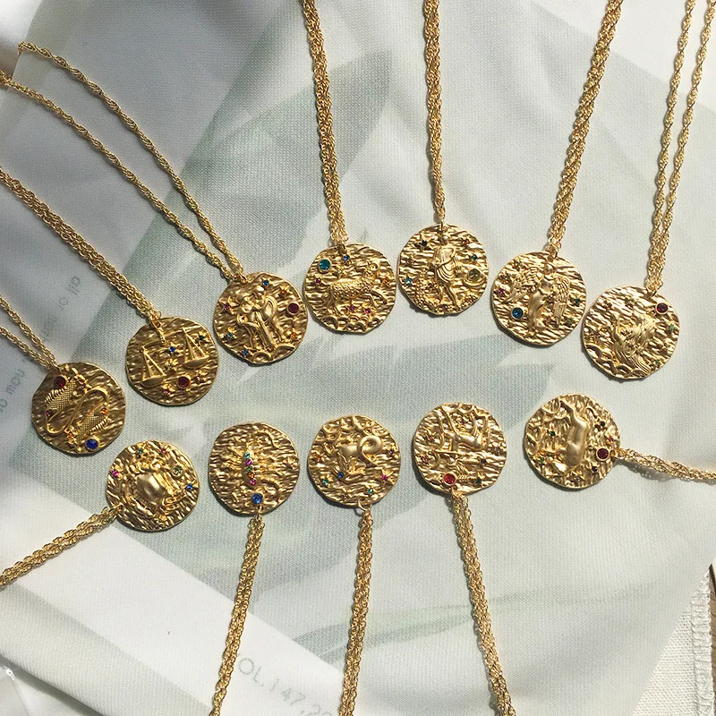 12 ювелирные изделия с созвездиями с золотым цветом знак зодиака Золотая монета кулон в форме диска ожерелье для мужчин женщин подарок Прямая