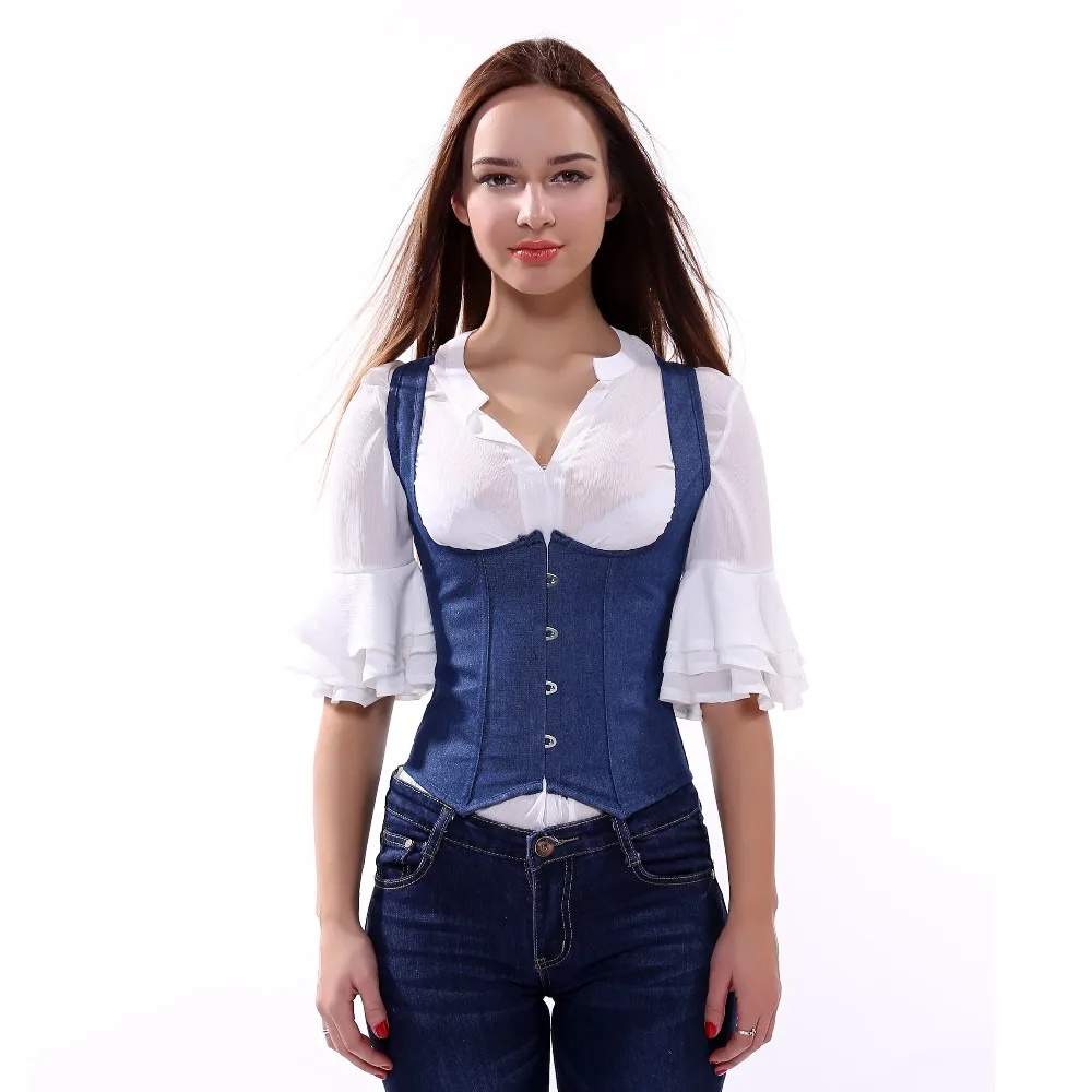 Halter Denim жилет Джинсы для женщин ремни грудью корсет пикантные синие металлической пряжкой белье талии Cincher бюстье S-2XL