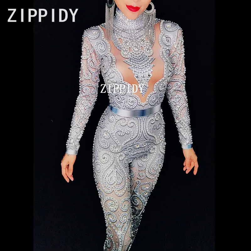 

Glisten Silver Crystals Jumpsuit Long Sleeves Stretch Pearl Outfit Female Singer DS Nightclub Women's Party Wear Sexy Bodysuits