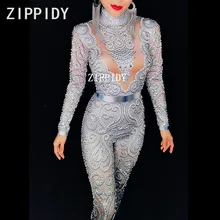 Glisten Gümüş Kristaller Tulum Uzun Kollu Streç Inci Kıyafet Kadın Şarkıcı DS Gece Kulübü kadın Parti Giyim Seksi Bodysuits