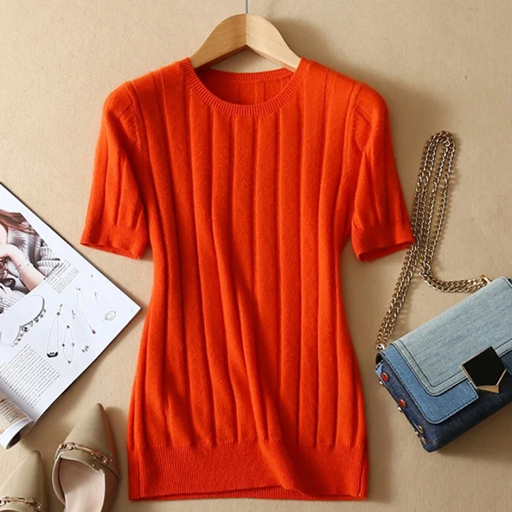 Новое поступление, женский свитер с коротким рукавом, однотонный, хлопок, шерсть, тонкий стиль, пуловер, трикотаж, высокое качество - Цвет: Оранжевый