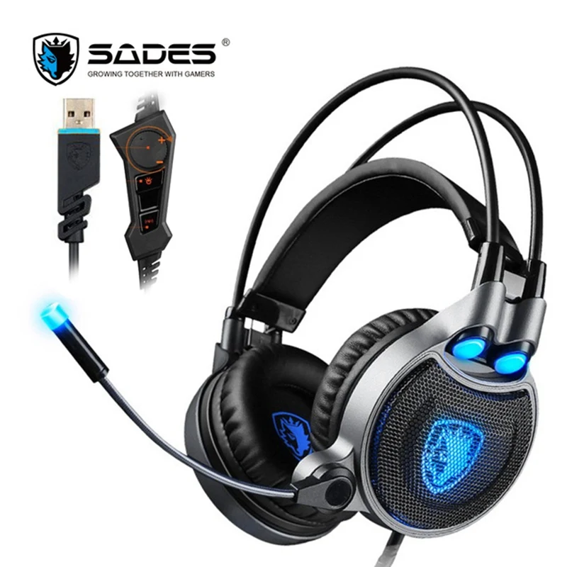 Original SADES R1 Virtual 7.1 Gaming Headphones With Microphone Surround Sound Bass LED Light USB Headband Headset For PC Gamer sades a70 2017 new 7 1 virtual surround sound usb gaming headset with microphone control breathing led lights lamp for pc gamer