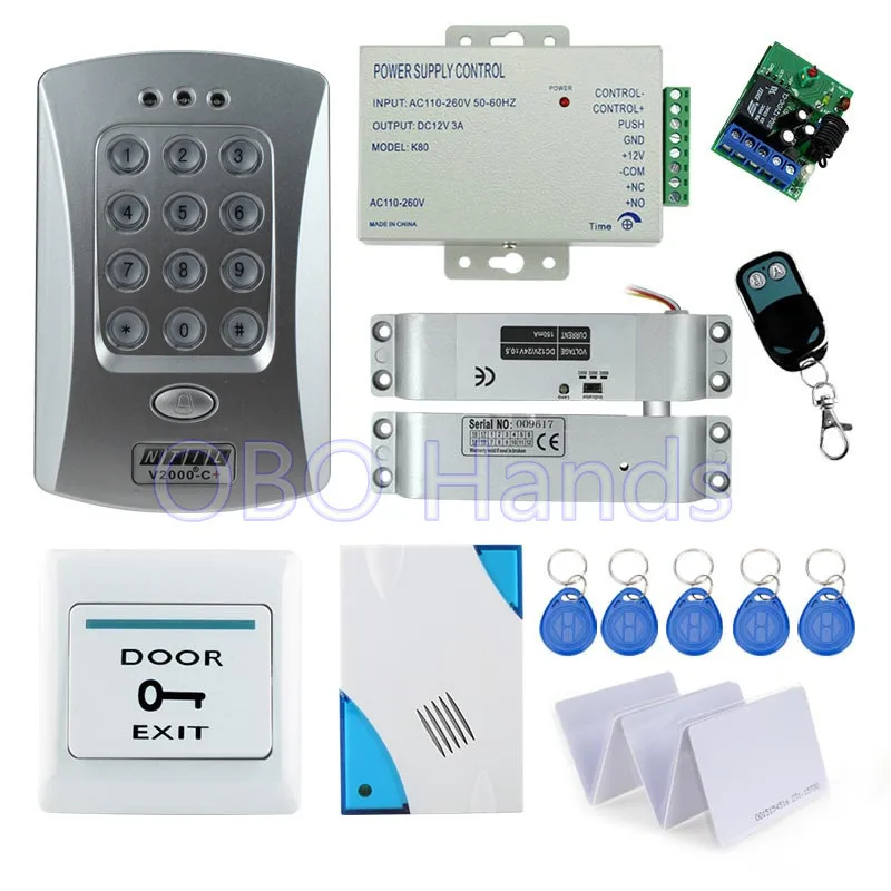 ФОТО Free shipping full set door access control system kit V2000-C+ electric drop bolt lock+power supply+exit button+remote control