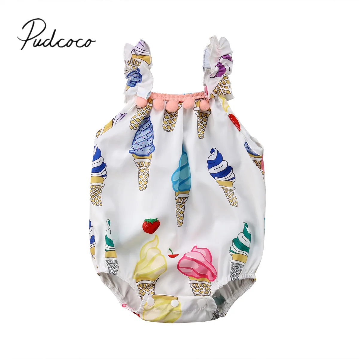 

2018 Brand New Newborn Infant Baby Girls 0-18M Summer Jumpsuits Sleeveless Ice Cream Print Tassel Romper Sunsuit Baby Clothes