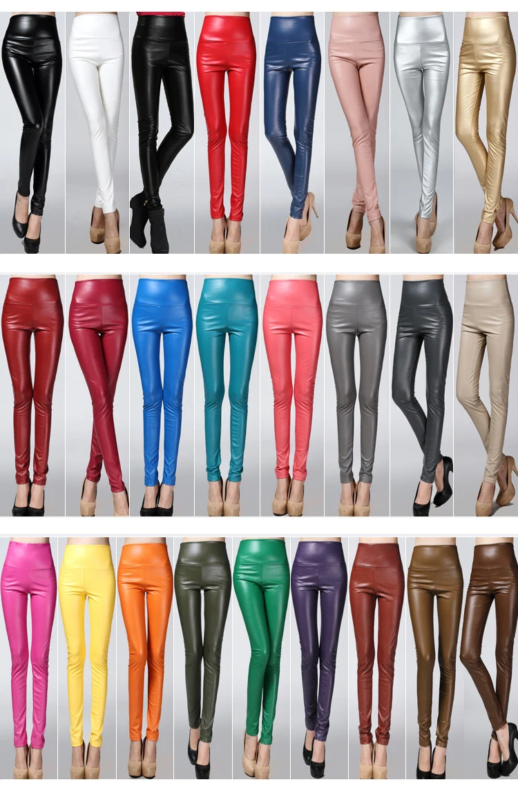 Autumn and winter large size with fleece PU color imitation leather leggings high waist tight leather trousers for women slim (6)