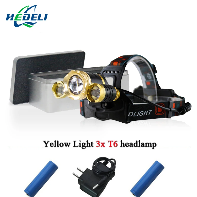 

hunting and fishing White Yellow light 3 cree xml t6 headlight led headlamp rechargeable head torch flashlight lamp 18650
