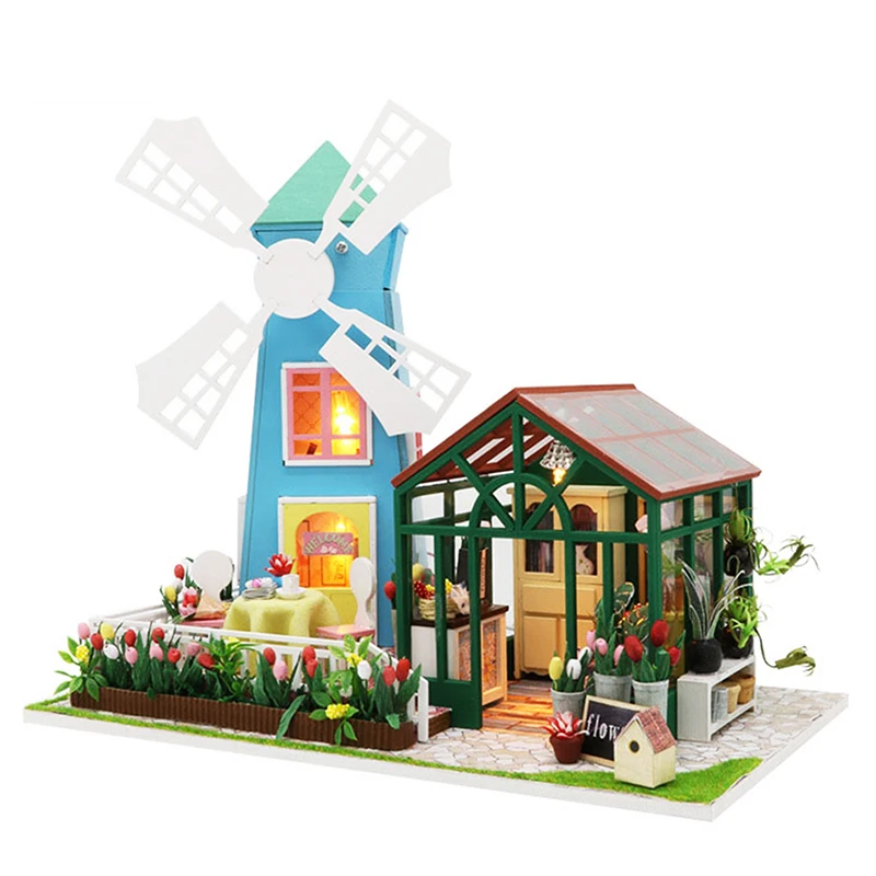 

Furniture Doll House Wooden Miniature DIY DollHouse Furniture Kit Assemble with Dust Cover Doll Home Toys For children Gift M36