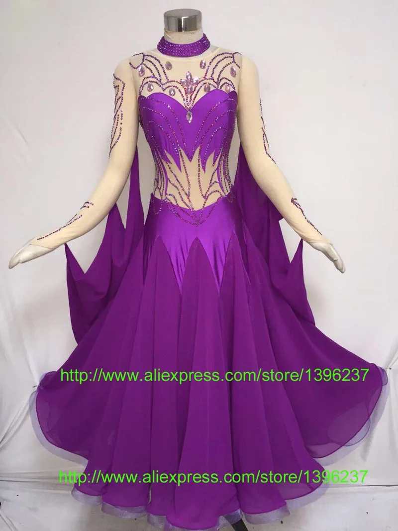 볼룸 댄스 경쟁 드레스 여성 새로운 디자인 보라색 왈츠 플라멩코 춤 스커트 성인 표준 볼룸 드레스