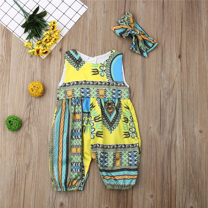 4 цвета; Комбинезон для маленьких девочек; Модный комбинезон в африканском стиле для младенцев; детская ткань; комбинезон; повязка на голову с бантом для малышей; костюм для подвижных игр; одежда для маленьких девочек
