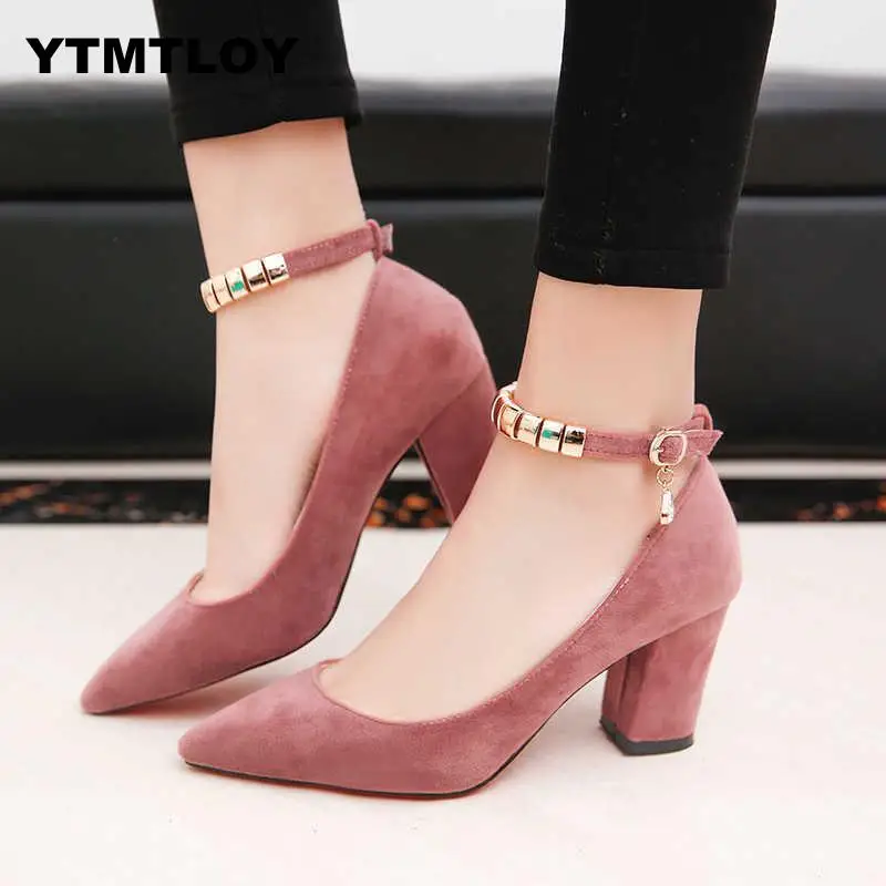 Online 2019 frühling Herbst Frauen Pumpen Sexy schnallen High Heels Schuhe Mode Spitz Hochzeit Partei Quadratischen Ferse String Bead