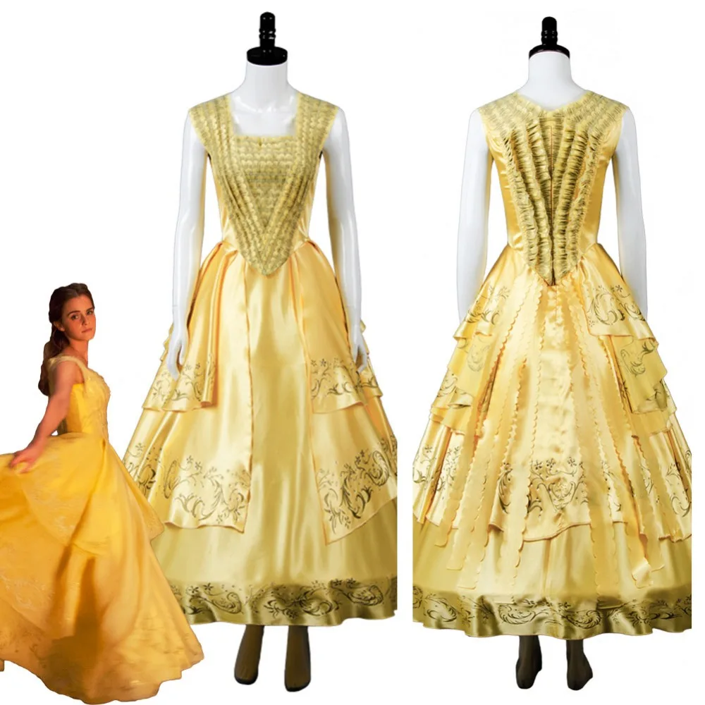 Adult 2017 Movie Beauty and the Beast Belle Emma Cosplay Costume Yellow Gown Dress Halloween Carnival Party Fancy Dress