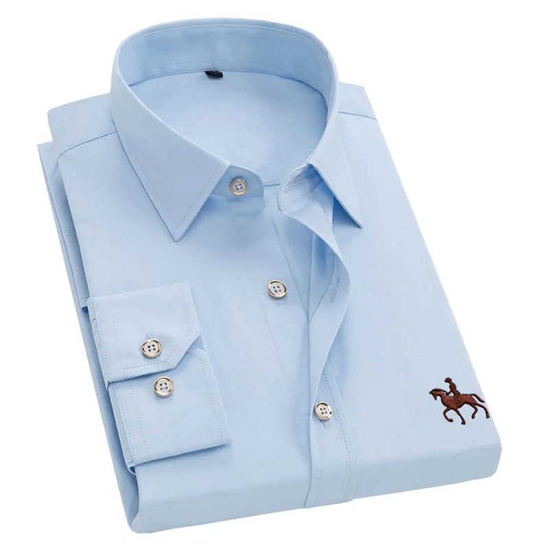 

100% Pure Cotton Embroidery Blue Solid Color Formal Male Shirts Long Sleeve High-end Fashion New Design Men Dress Shirts