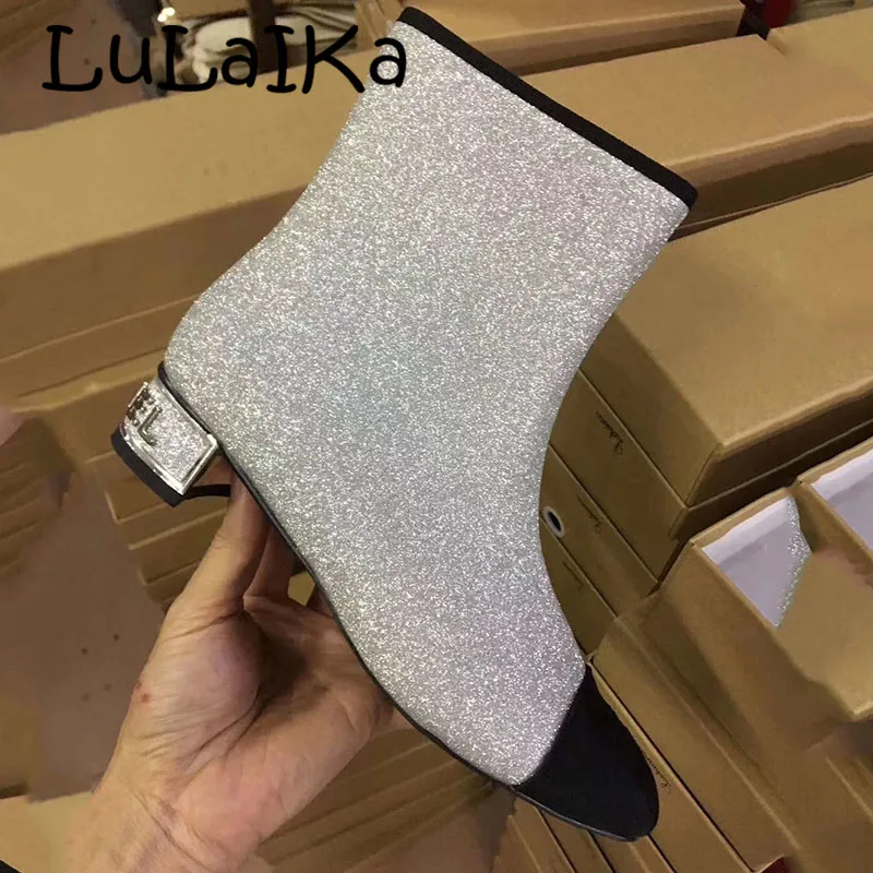 

2018 New Sexy Bling Designer Patchwork Zip Woman High Heel Boot Square Toe Mid Heel Winter Leather Casual Shoes