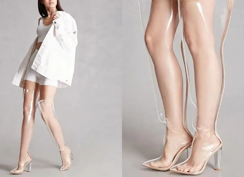 Новинка года; женские ботфорты выше колена из прозрачного ПВХ; пикантные женские сапоги с острым носком и прозрачным массивным каблуком; высокие сапоги-гладиаторы