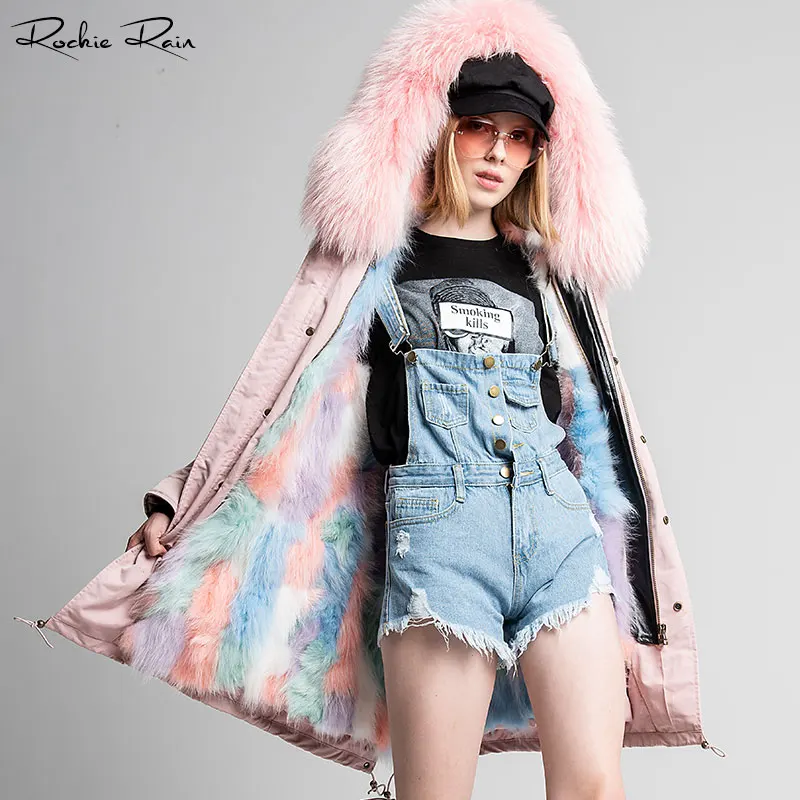 

Women's Real Fur Coat with Raccoon Fur Collar Removable Fur Liner Parka