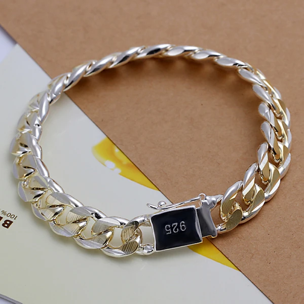 H091 925 silver bracelets for men Stamped 925 and golden link chains square clasp women bracelet bangle jewelry bouddhiste