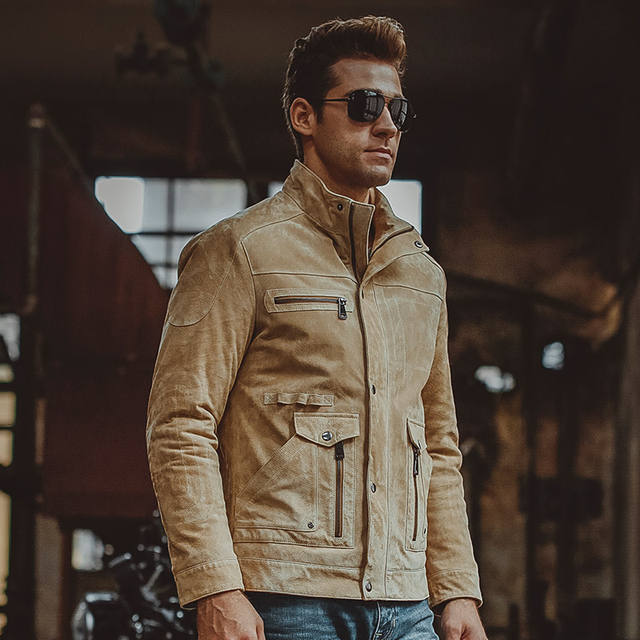 S-6XL Men’s pigskin beige real leather jacket Motorcycle Genuine Leather jackets winter coat men