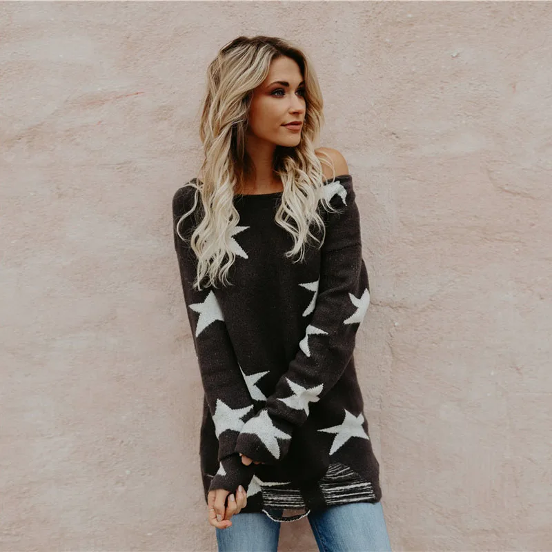 2018 Winter Sweater Harajuku Star Print Loose Pullover Women Knitted Wear Black Beige Autumn Ladies Streetwear 2018 Winter Sweater Harajuku Star Print Loose Pullover Women Knitted Wear Black Beige Autumn Ladies Streetwear