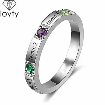 

lovty 2020 Fashion Custom 3 Names Birthstone Ring Engraved Name Silver Primise Ring Personalized Engagement Ring for Women Girls