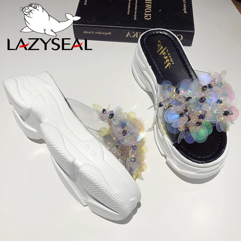 LazySeal Transparent Bling Platform Slippers Women New Summer Shoes With Crystal Diamonds Wedge Ladies Flip Flops Woman Slides