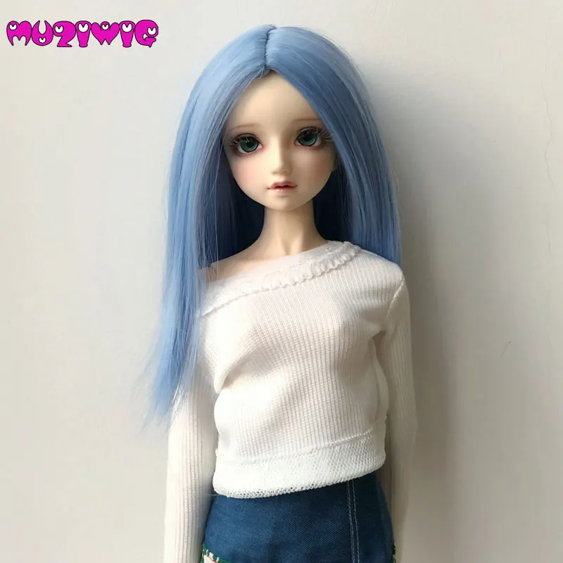 

Free Shipping 1/3 Bjd Pullip High-temperature Fiber Synthetic Medium Long Blue Straight Halve Hair Wig On Sale In MUZIWIG