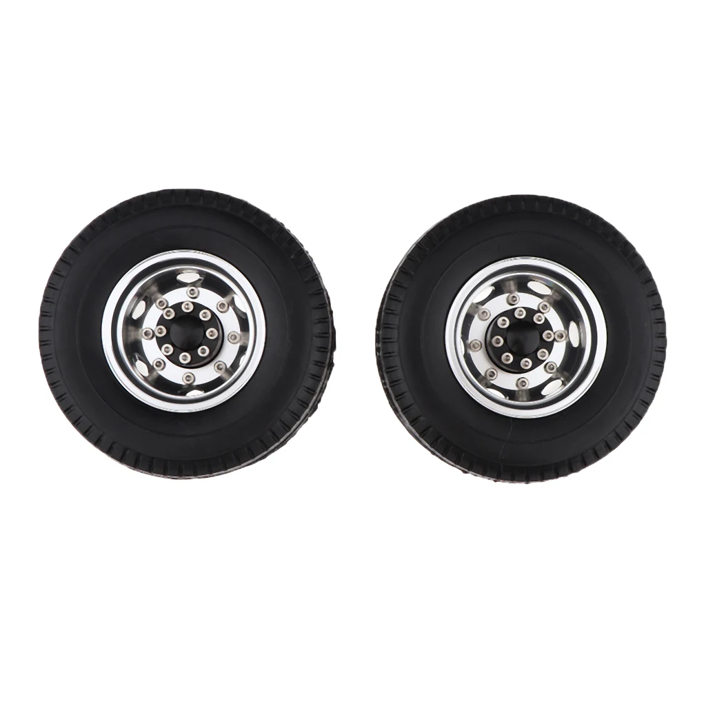 6PCS Machined Alloy Rear Front Hub Wheel Rim Type & Rubber Tire for 1/14 Scale Tractor Trucks RC Vehcile Vehicles Toy Parts