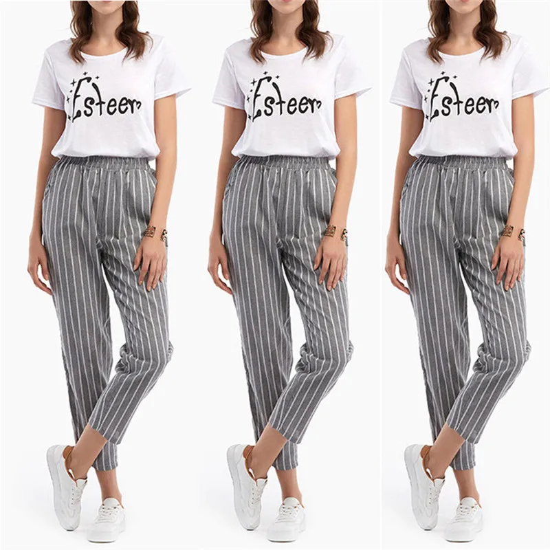 

2018 Top Fashion Women High Waist Drawstring Striped Harem Pants Casual Loose Trousers Pantalon Femme Plus Size S-3XL