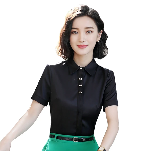 Camisa Formal mujer cuello de facturación de manga corta blusa negra de gran tamaño 2018 Primavera Verano moda OL entrevista ropa trabajo _ - AliExpress